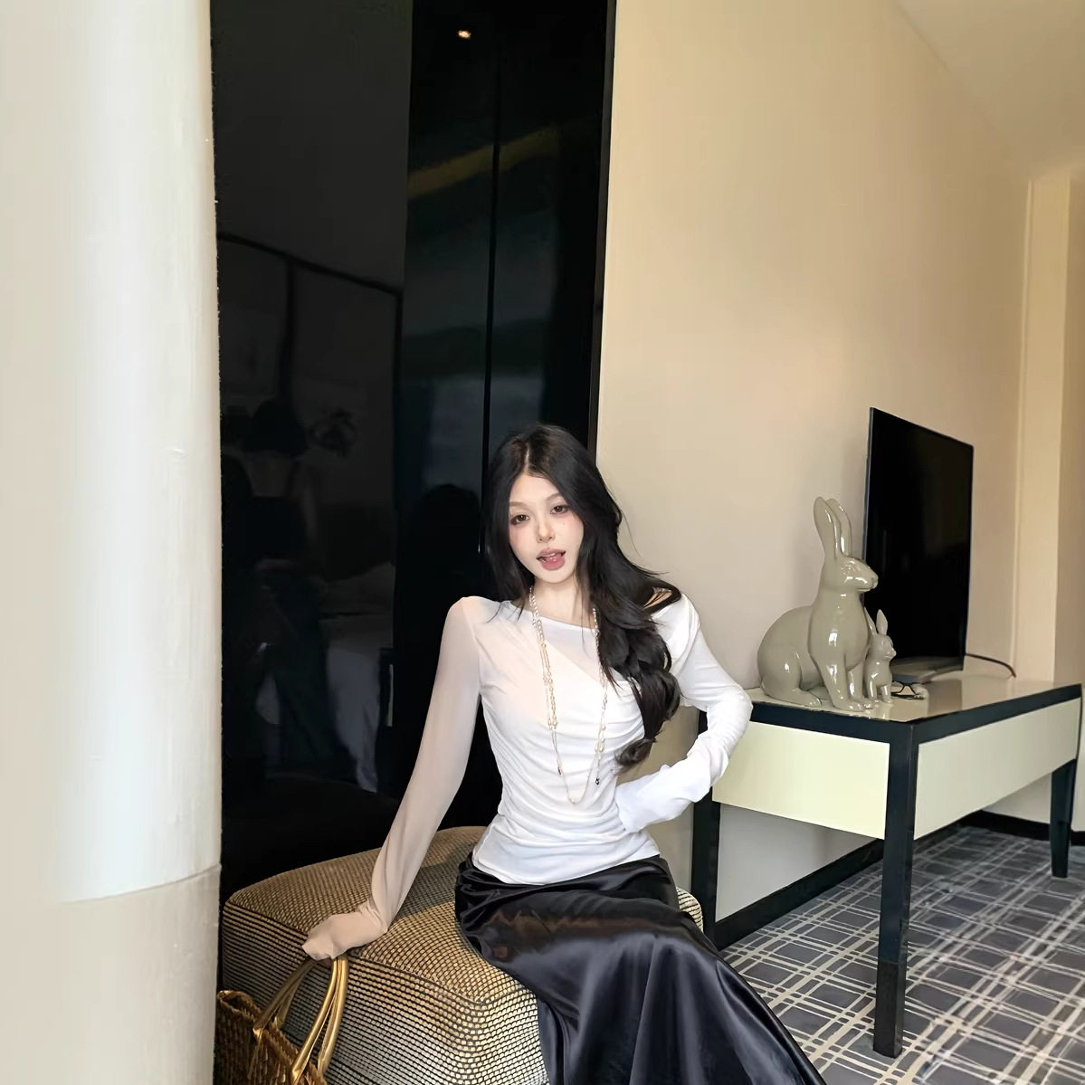 实拍2025时髦两穿假两件荡领修身显瘦长袖恤女设计感小众打底衫_Cosplay女装_淘宝游戏网