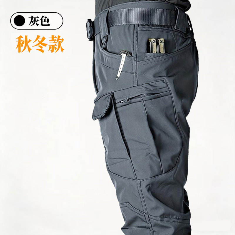 Men's Autumn and Winter Tactical Pants, Fleece-Lined, Thickened, Stretchy, Warm, Multi-Pocket Cargo Pants, Straight-Leg Outdoor Military Training Pants