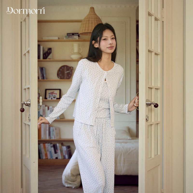 Tian Xiwai's Same Dormorri Three-Piece Floral Pajamas with Chest Pads, 100% Cotton, Can Be Worn Outside as Loungewear