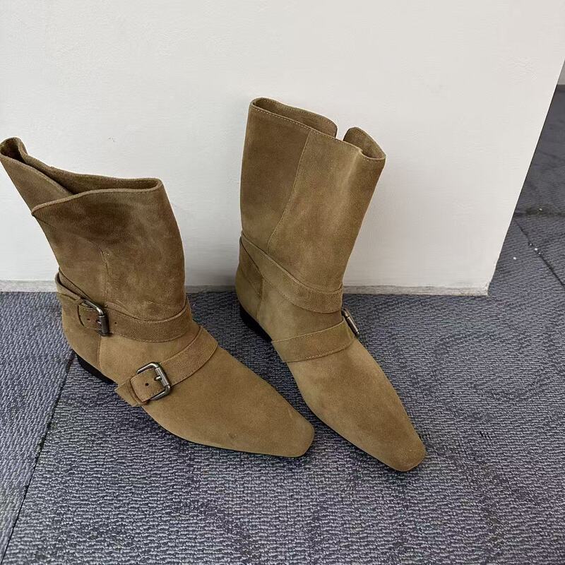 European Goods 2026 Autumn and Winter New Style Two-Way Wear Short Boots with Belt Buckle, Suede Short Boots with Square Toe and Flat Sole
