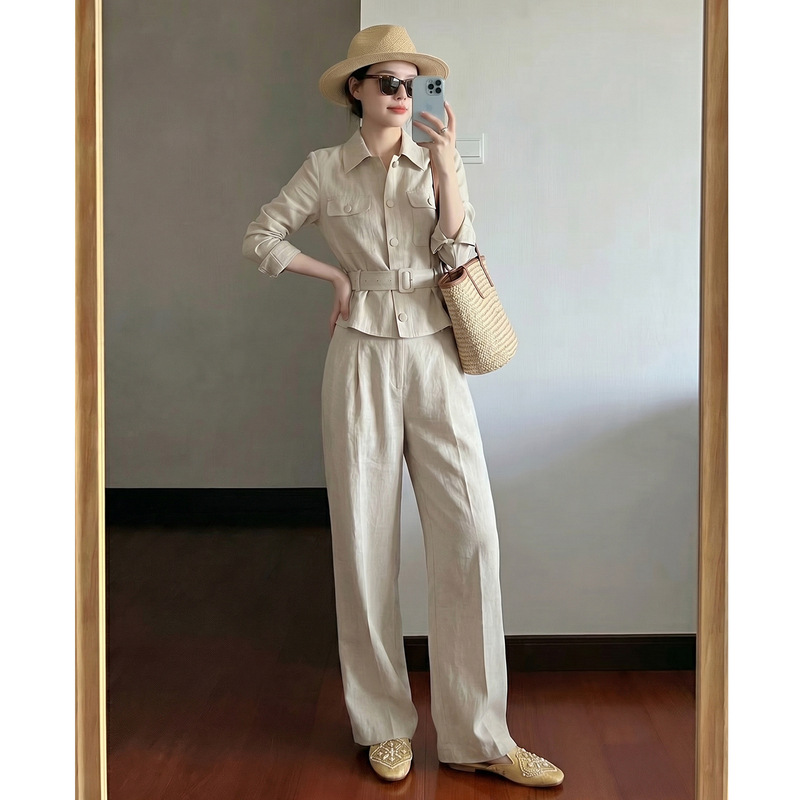 Old Money Style Outfit with a High-End Feel, Cotton and Linen Suit for Women, Spring and Summer Sun Protection, Lazy Linen Shirt, Light and Elegant, Complete Set