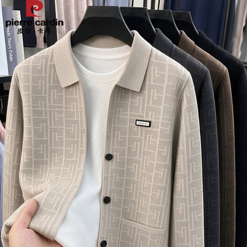 Pierre Cardin Jacquard Knit Cardigan Men's Lapel Sweater Jacket Autumn Wool Blend Outerwear Warm Top Pierre Cardin Jacquard Knit Cardigan Men's Lapel Sweater Jacket Autumn Wool Blend Outerwear Warm Top