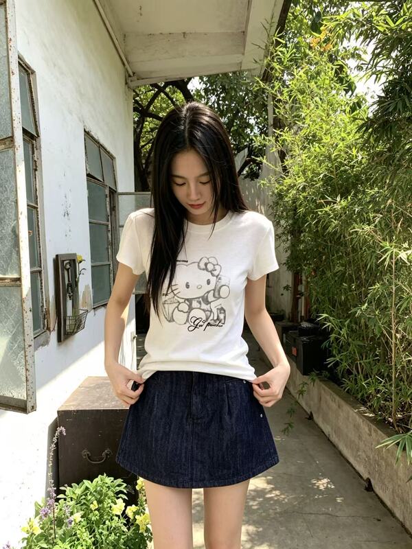 Week One Korean-Style Cartoon Kt Cat Print Round Neck Short-Sleeved Top 58019Wx Week One Korean-Style Cartoon Kt Cat Print Round Neck Short-Sleeved Top 58019Wx