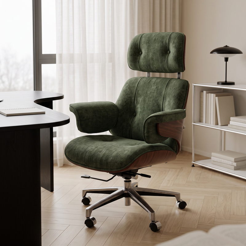 Medieval-Style Green Chenille Computer Chair, Home Fabric Office Chair, French Retro Study Chair, Boss Chair