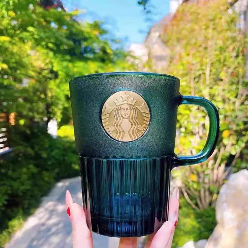 Starbucks Cup Dark Green Goddess Nameplate Glass Cup Copper Handle Mug Frosted Heat-Resistant Round Water Cup