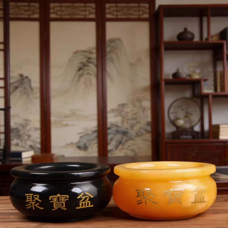 Natural Obsidian Treasure Bowl Ornament for Living Room to Attract Wealth and Good Luck, Home Store Opening Decoration Treasure Bowl