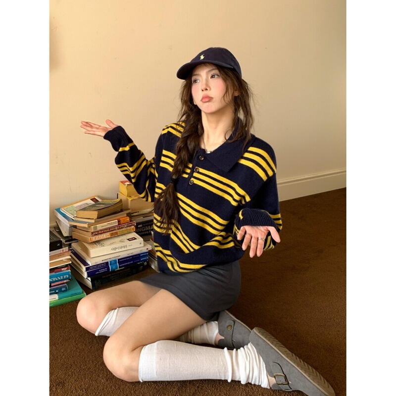 Korean Uamtor Lazy Striped Polo Collar Knit Sweater for Women, Autumn Color-Blocking Sweater with a Turn-Down Collar, Long-Sleeve Loose Top