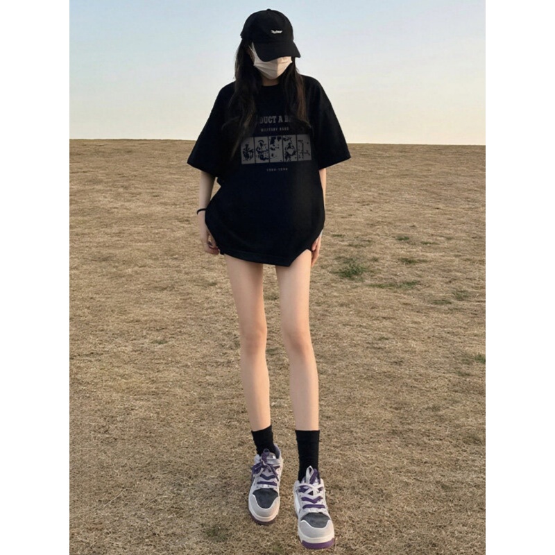 Korean Uamtor Black Regular Shoulder T-Shirt for Women, New Spring/Summer Top, American Style Pure Cotton Loose Short-Sleeve with a High-End Feel