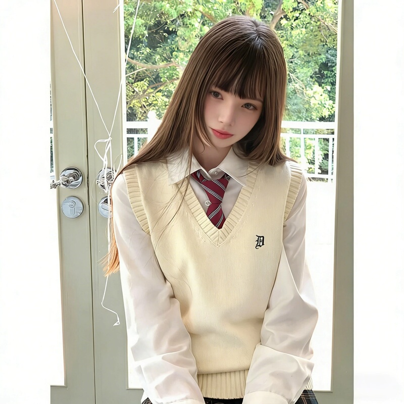 Uamtorjk Uniform Set Knitted Sweater Vest Women's Autumn Inner Wear Vest Long-Sleeved Shirt Top Two-Piece Set