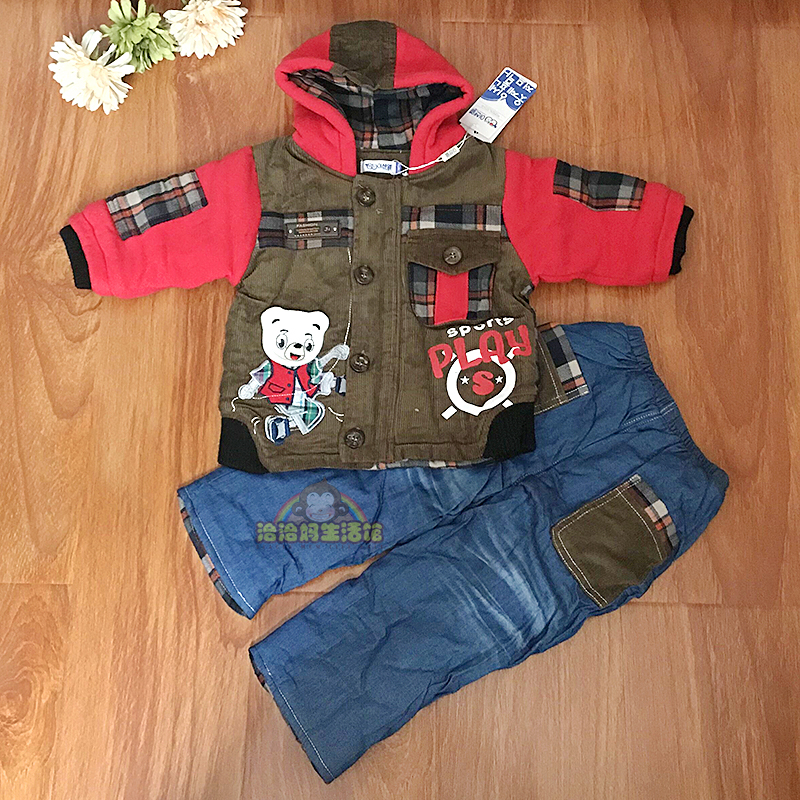 Counter boys and girls baby wicker plaid plus velvet hooded jacket jeans suit winter outdoor clothing