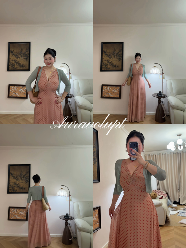 Auravolupt "Mint Strawberry Jam" Polka Dot Twist V-Neck Elegant Dress Mint Green Textured Cardigan Auravolupt "Mint Strawberry Jam" Polka Dot Twist V-Neck Elegant Dress Mint Green Textured Cardigan
