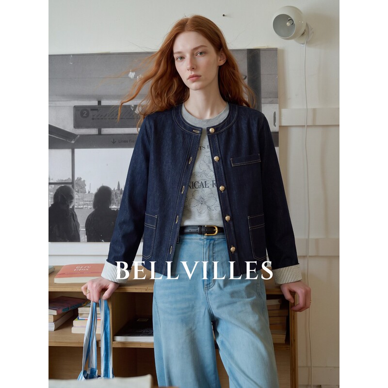 Bellvilles/Bella Villa French Retro Denim Short Jacket Women's Fashionable Round Neck Short Jacket Top Bellvilles/Bella Villa French Retro Denim Short Jacket Women's Fashionable Round Neck Short Jacket Top