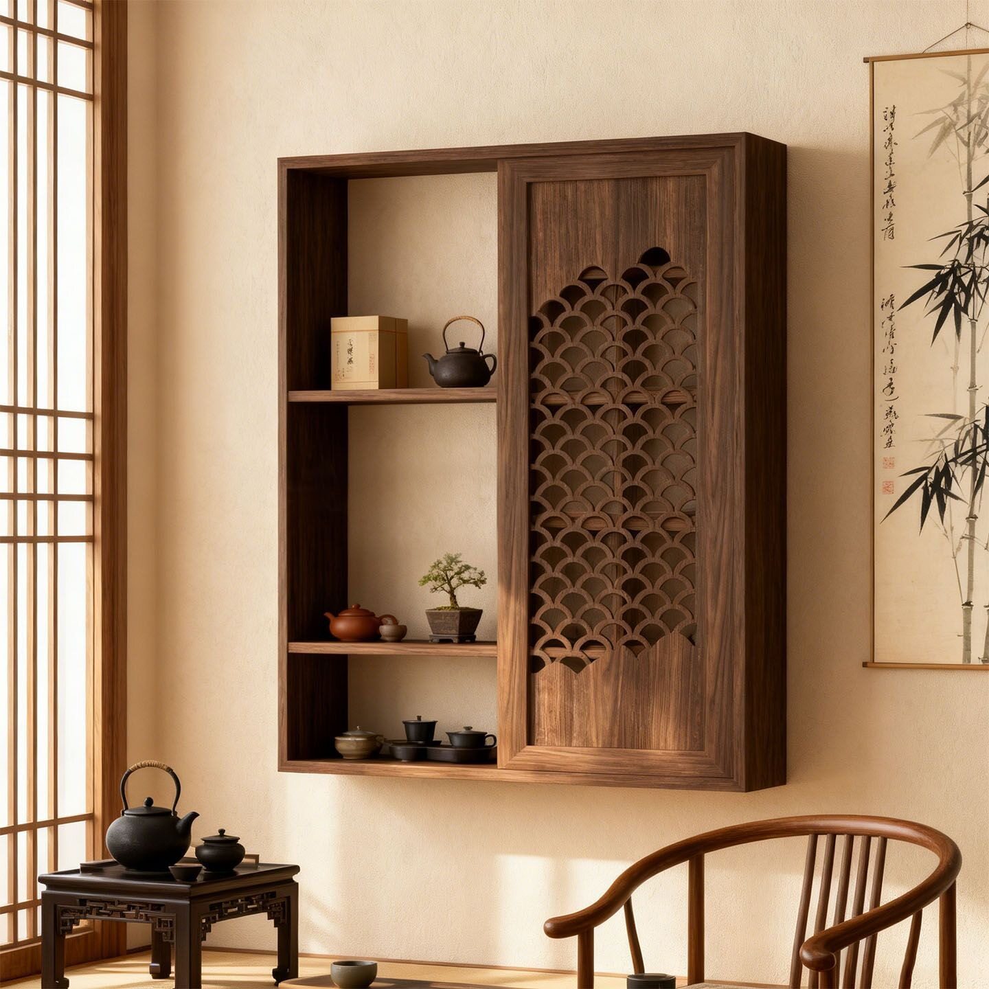 Solid wood new Chinese style retro wall shelf