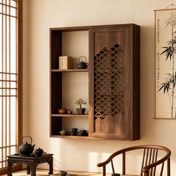 Solid wood new chinese style retro wall shelf