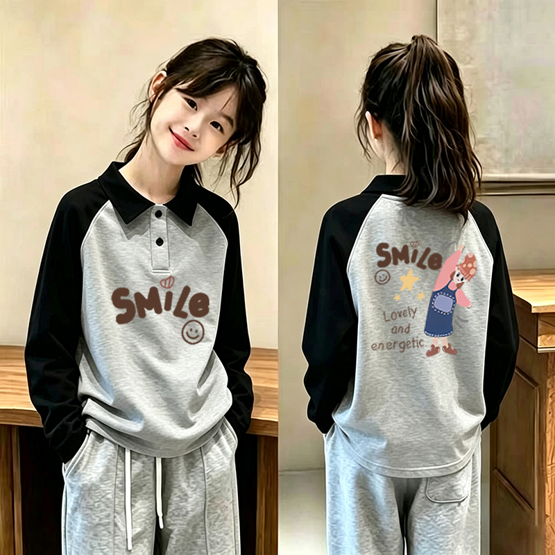 Girls' Polo Collar Long-Sleeved T-Shirt 2026 Spring & Fall New Style Girls' Loose Contrasting Color Cartoon Raglan Sleeve Pure Cotton Top