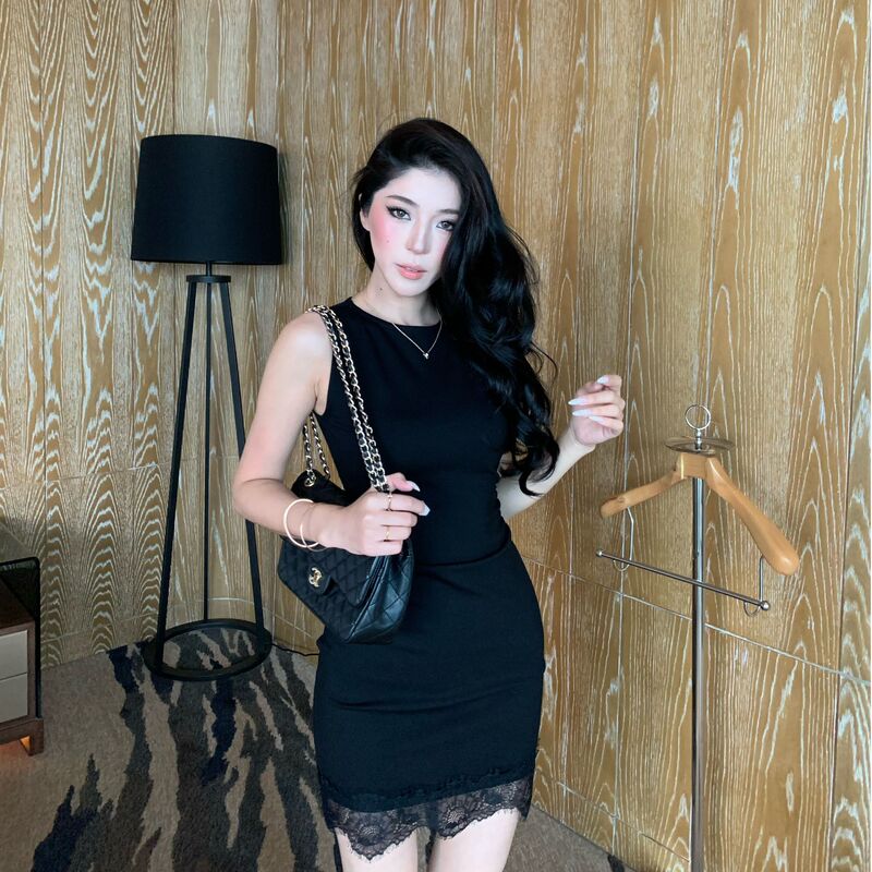 Luogee French-Style Summer Sleeveless Round-Neck Elastic Lace-Trimmed Elegant Waist-Cinching Slim-Fit Bodycon Dress for Women Luogee French-Style Summer Sleeveless Round-Neck Elastic Lace-Trimmed Elegant Waist-Cinching Slim-Fit Bodycon Dress for Women
