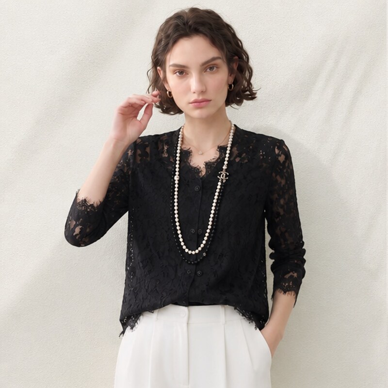 Long-Sleeved Lace Shirt for Women 2026 Autumn and Winter New Korean Style Loose Black Cut Out Top V-Neck Casual Simple Shirt
