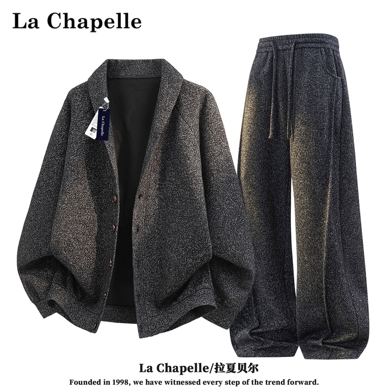 La Chapelle New Autumn American Retro Green Collar Jacket and Textured Pants Set for Men, Loose Fit, Plus Size, Two-Piece