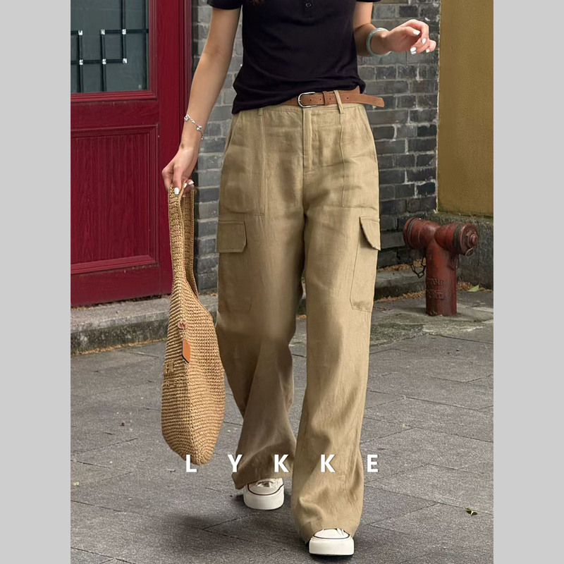 Lykke Xu Lingfeng【Dra Block】Linen Cargo Pants American Retro Wide-Leg Pants Summer Casual Long Pants for Women Lykke Xu Lingfeng【Dra Block】Linen Cargo Pants American Retro Wide-Leg Pants Summer Casual Long Pants for Women