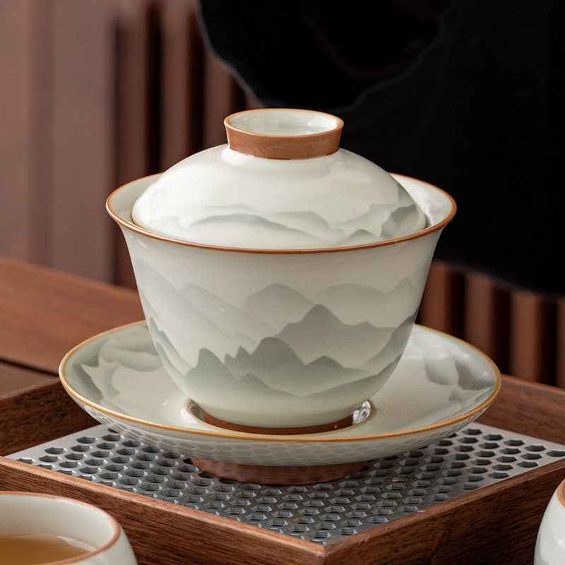 Ink Chinese style retro Ru kiln Sancai covered bowl high-end household tea set anti-scalding with lid retro kung fu tea bowl