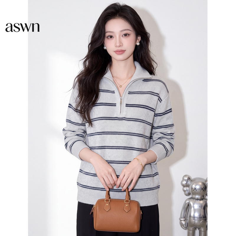 Aswn Striped Lapel Knit Sweater for Women Autumn 2026 New Loose Lazy Pullover Top Half-High Collar Zipper Sweater