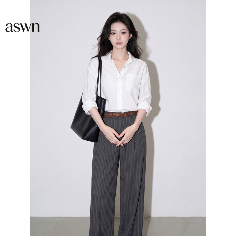 Minimalist High-Class Outfit: a Complete Set of White Shirt and Vertical Striped Suit Pants Two-Piece Suit for Women, Autumn 2026 New Style