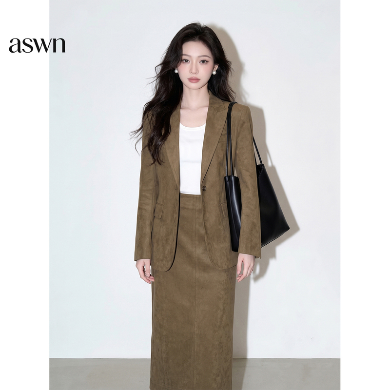 Mature and Sophisticated Style, a Complete Set of Olive Brown Blazer and Skirt Two-Piece Suit for Women, Autumn 2026 New Style Mature and Sophisticated Style, a Complete Set of Olive Brown Blazer and Skirt Two-Piece Suit for Women, Autumn 2026 New Style