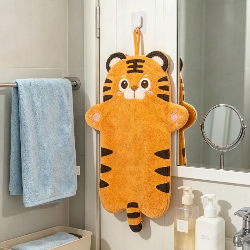 Creative Cartoon Little Tiger Oversized and Thickened Coral Fleece Hand Towel, Special Hanging Towel for Kitchen and Bathroom