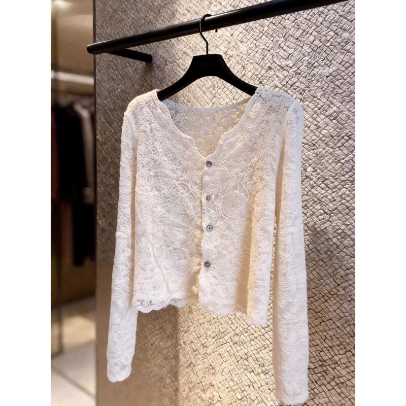 Heavy Embroidery Single-Breasted V-Neck Apricot Lace Base Shirt for Women, Spring and Autumn Fur Inner Cardigan, Pure Desire Style Top