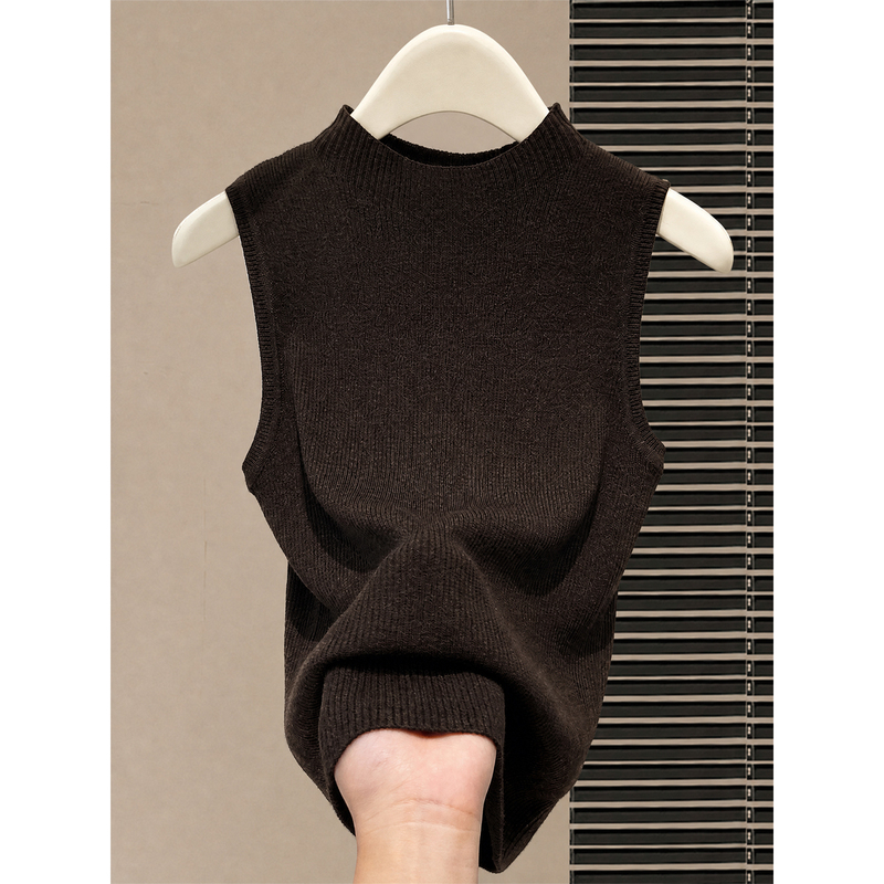 Brown Half-Turtleneck Knitted Vest for Women, Spring and Autumn Wool Inner Wear, Outer Wear Base Layer, Slim Fit, Sleeveless Top Brown Half-Turtleneck Knitted Vest for Women, Spring and Autumn Wool Inner Wear, Outer Wear Base Layer, Slim Fit, Sleeveless Top