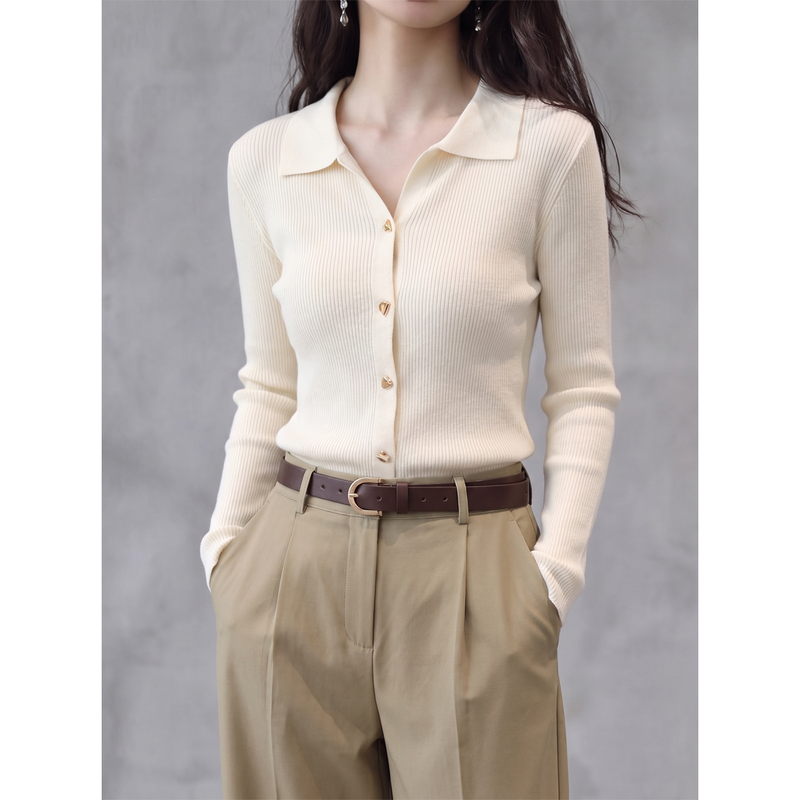 Elegant Polo Collar Knit Base Shirt for Women, Autumn and Winter Slim-Fit Long-Sleeve T-Shirt, Chanel-Style Inner Sweater Top Elegant Polo Collar Knit Base Shirt for Women, Autumn and Winter Slim-Fit Long-Sleeve T-Shirt, Chanel-Style Inner Sweater Top