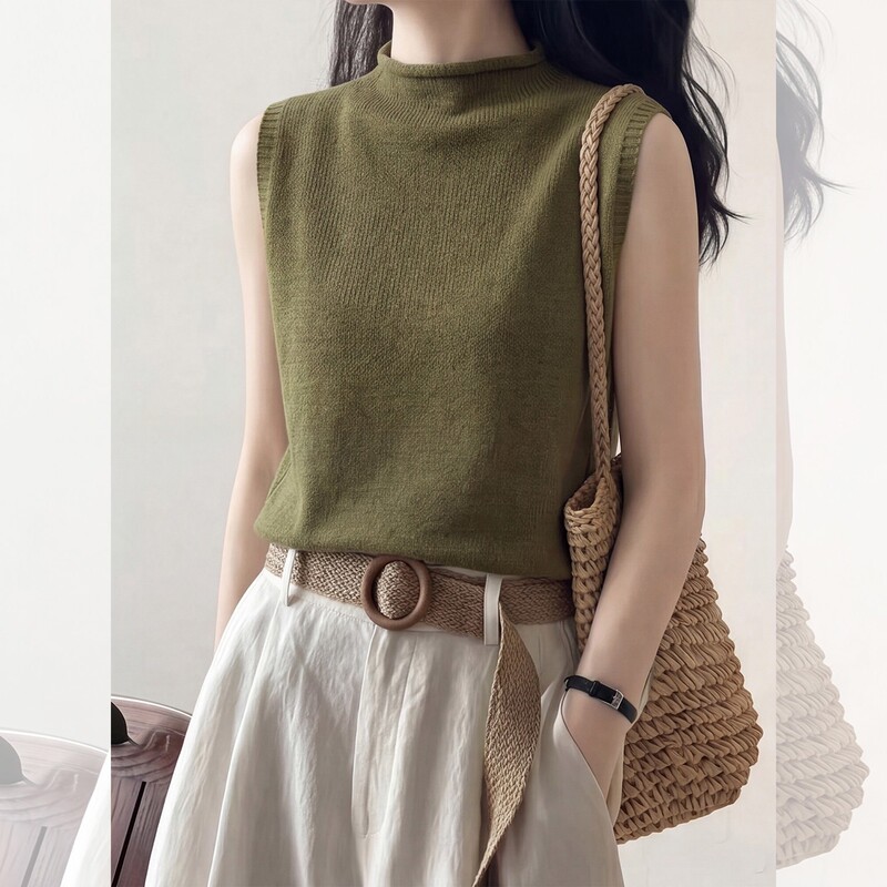 French Design 2026 New Women's Summer Olive Green Knitted Half-High Collar Sleeveless Vest Loose Slimming Top French Design 2026 New Women's Summer Olive Green Knitted Half-High Collar Sleeveless Vest Loose Slimming Top