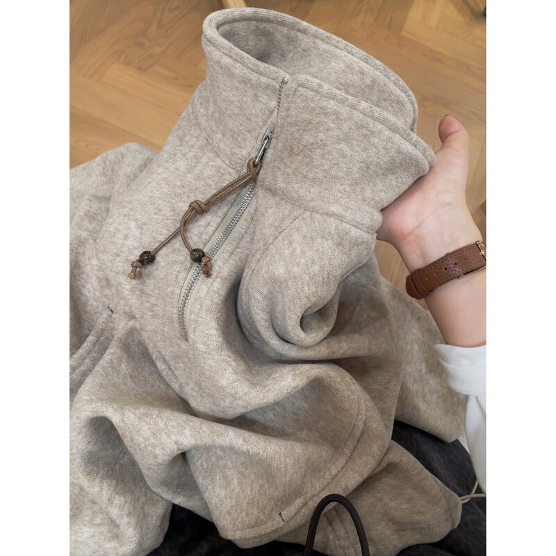 Designed with an American Style, Half-Zip Stand-Up Collar Sweatshirt for Women, Autumn and Winter Fleece Sports Casual Loose Lazy Jacket Top Designed with an American Style, Half-Zip Stand-Up Collar Sweatshirt for Women, Autumn and Winter Fleece Sports Casual Loose Lazy Jacket Top