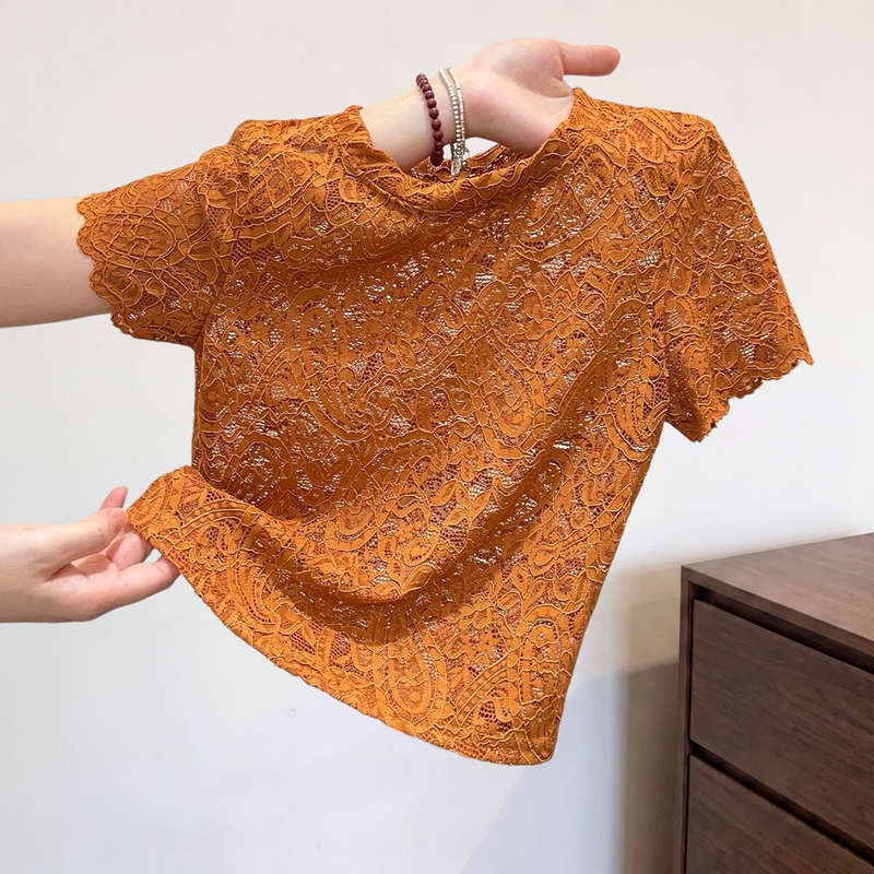 Orange Hollow-Out Lace Short-Sleeve T-Shirt for Women, Waist-Revealing, Slim-Fit, Design-Inspired Jacquard Craft, Short Top