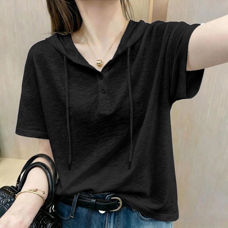 Designed Black Ice Silk Bamboo Cotton Hooded Short-Sleeved T-Shirt for Women, Summer Thin Style, Slimming and Elegant Hoodie Top
