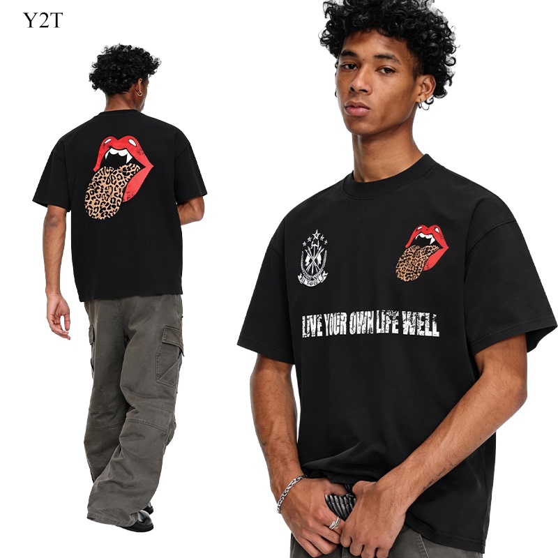 Ytwot* Rock Punk Rolling Stones Light Leopard Print Fun Tongue Sorona Short Wide Boxy Fit Printed Short Sleeve Ytwot* Rock Punk Rolling Stones Light Leopard Print Fun Tongue Sorona Short Wide Boxy Fit Printed Short Sleeve