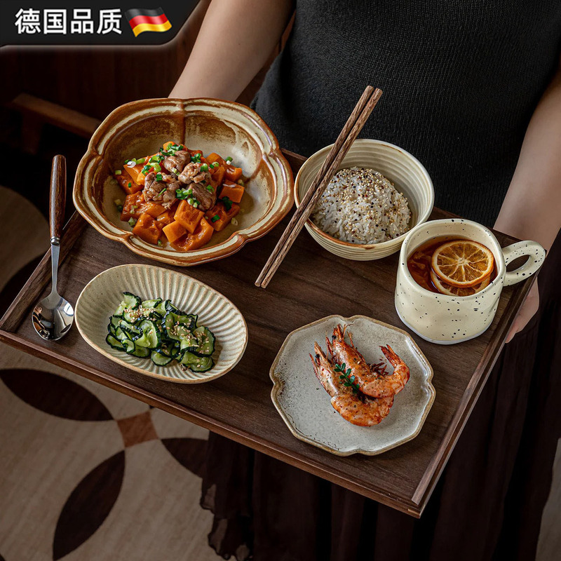 German Retro One-Person Dining Set, Japanese-Style Ceremonial Coarse Pottery Bowls and Plates, Weight-Loss Plates, Exquisite Rice Bowls and Plates German Retro One-Person Dining Set, Japanese-Style Ceremonial Coarse Pottery Bowls and Plates, Weight-Loss Plates, Exquisite Rice Bowls and Plates