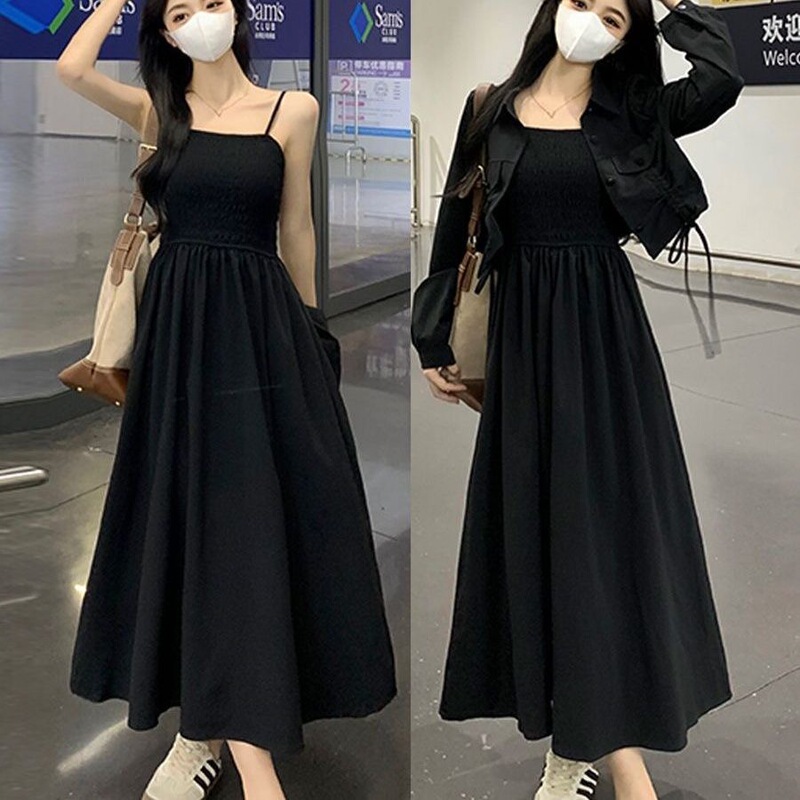 2025 French-Style Plus-Size New Suit, High-End Elegant Slimming Black Spaghetti Strap Dress Two-Piece Set
