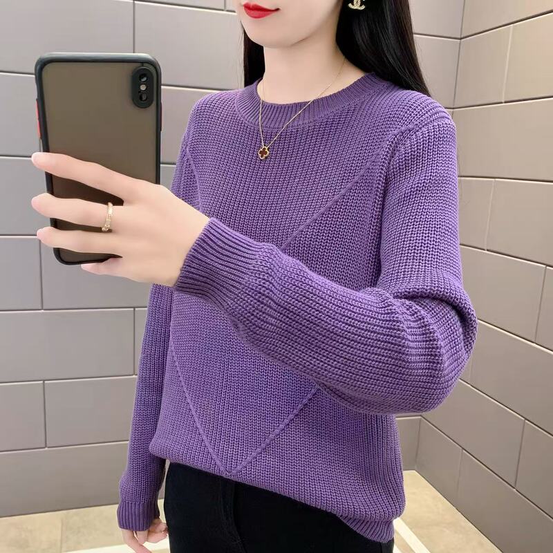 Purple Round Neck Cotton Yarn Three-Dimensional Double V Solid Color Knit Sweater Long Sleeve 168