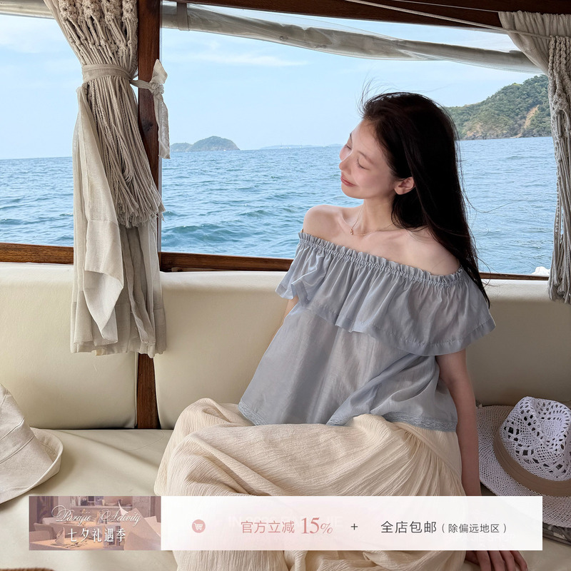 For Jie Shijie, a Summer Tencel Off-Shoulder Shirt with Ruffled Edges, Lace Splicing, and a Thin Design for Women