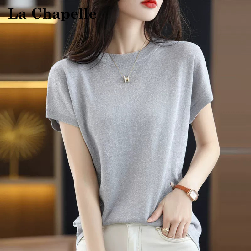 La Chapelle Ice Silk Short-Sleeved T-Shirt for Women, Summer Knitted Top, Plus Size Mom's Summer Wear, Stylish Gold Silk T-Shirt La Chapelle Ice Silk Short-Sleeved T-Shirt for Women, Summer Knitted Top, Plus Size Mom's Summer Wear, Stylish Gold Silk T-Shirt