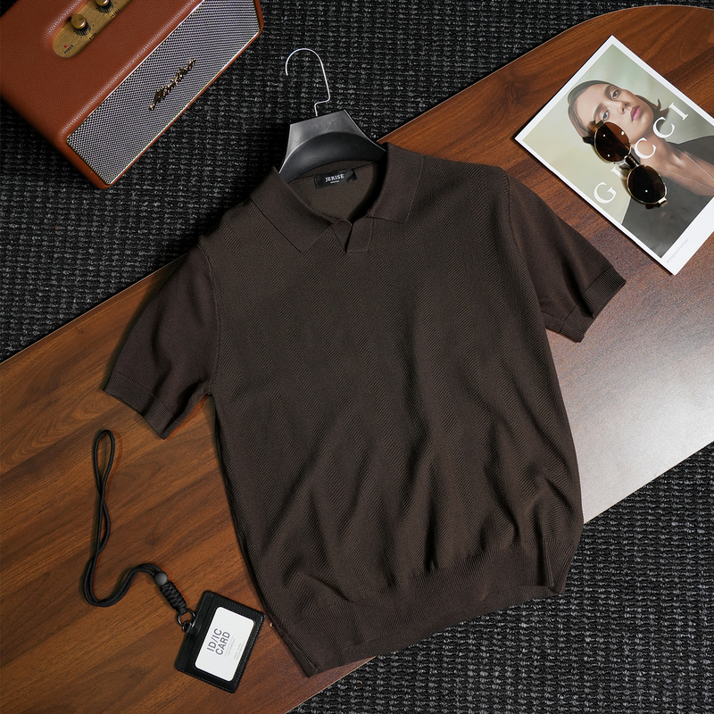 Mistlsle Summer Ice Silk Textured Coffee-Colored Knitted Polo Shirt Men's Seagull Collar Casual Short-Sleeved T-Shirt