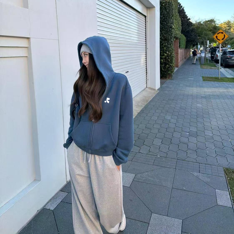Korean-Style Restandricou New Blue Hooded Sweatshirt Jacket for Women, Fleece-Lined Hooded Sweatshirt, Early Autumn Blue Jacket