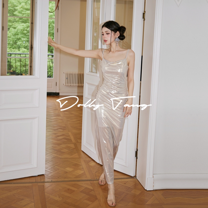 Dollytang Discount Store - Laser Shiny Strap Dress, Flowing Backless Hip-Length Dress, Mini Dress Dollytang Discount Store - Laser Shiny Strap Dress, Flowing Backless Hip-Length Dress, Mini Dress