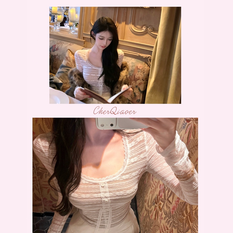 Cher Qiao'Er [Farey Bunny] Lace Blouse for Women, Autumn French Slim-Fit Long-Sleeve Top, Short Base Shirt