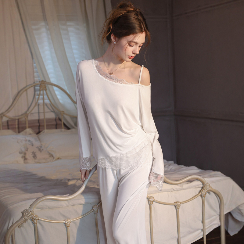 Shumanza Original Lace-Trimmed Fairy-Style One-Shoulder High-End Lightweight Cotton Pure Comfort Beautiful Back Nightgown Slim-Fit Loungewear