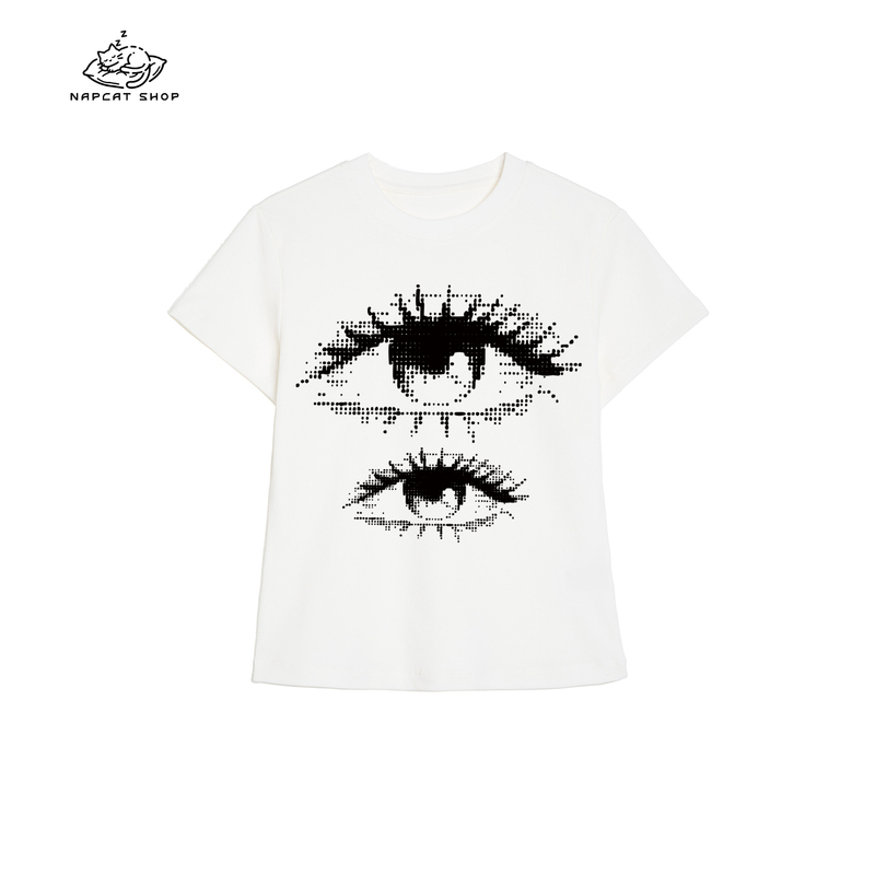 Nap Cat American Sweet Cool Eye Print Short Sleeve Women's Summer Style Age-Reducing Vintage Hot Girl Slim Fit Top