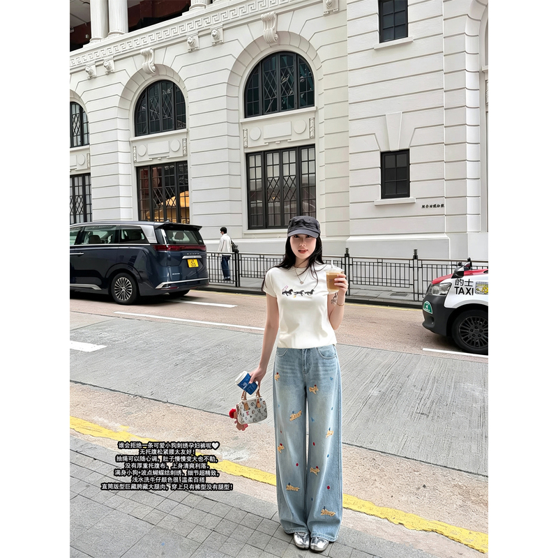 Maternity Pants for Spring and Summer, Without Belly Support, with Small Dog Embroidery, Loose Casual Wide-Leg Straight Jeans, Autumn Wear Maternity Pants for Spring and Summer, Without Belly Support, with Small Dog Embroidery, Loose Casual Wide-Leg Straight Jeans, Autumn Wear
