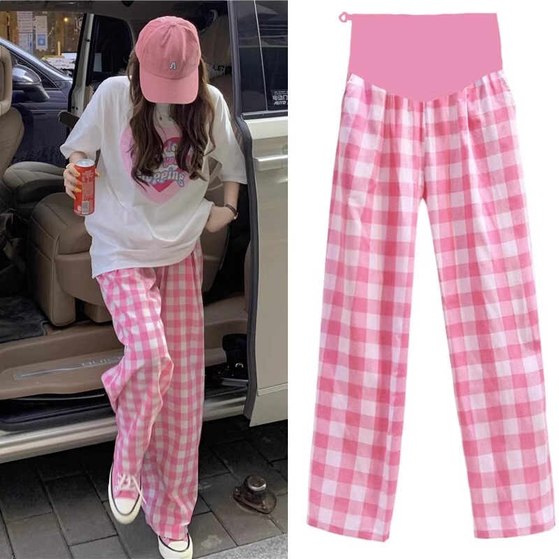Maternity Pants 2026 Summer Thin Pink Plaid Wide-Leg Pants High-Waisted Belly Support Casual Versatile Floor-Length Pants Maternity Pants 2026 Summer Thin Pink Plaid Wide-Leg Pants High-Waisted Belly Support Casual Versatile Floor-Length Pants