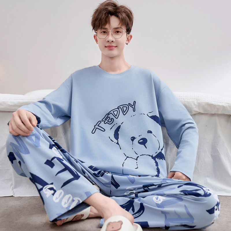 Pure Cotton Cartoon Pajamas for Men, Autumn Long-Sleeved Loose-Fitting Bear Design, Can Be Worn Outside, Large Size Loose-Fitting All-Cotton Loungewear Set